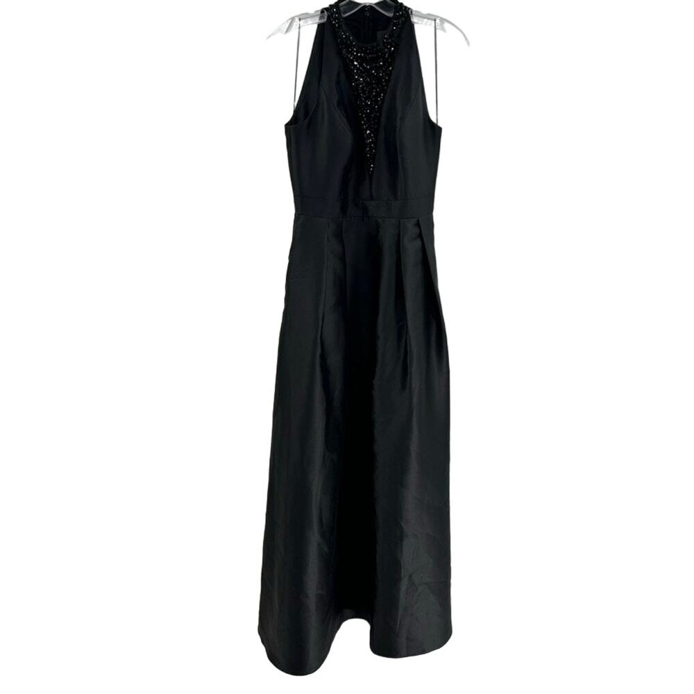 Adrianna Papell Gown Dress Maxi A-Line Beaded Mesh V-Neck Sz 6 Black High Neck